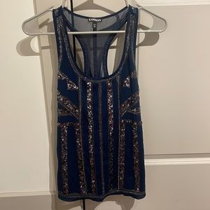 NWOT blue sequin mesh back top express size xs